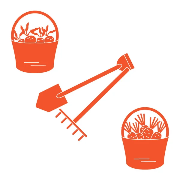 Illustration of harvest: shovel, rake and two buckets of carrots — Stock Vector