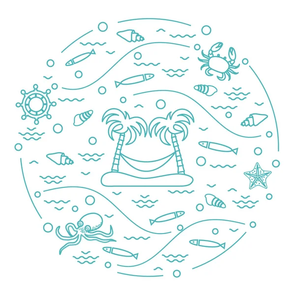 Lindo vector ilustración con pulpo, pescado, isla con palma tr — Vector de stock