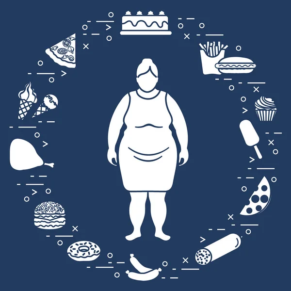 Donna grassa con malsani simboli di stile di vita intorno a lei. Nocivo e — Vettoriale Stock