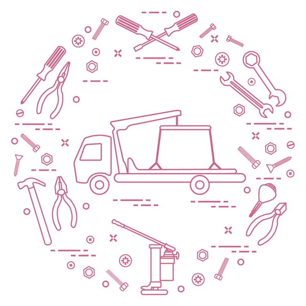 Επισκευή αυτοκινήτων: έλκει φορτηγό, κλειδιά, βίδες, κλειδί, πένσα, jack, ζαμπόν — Διανυσματικό Αρχείο