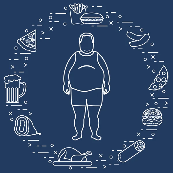 Fat man with unhealthy lifestyle symbols around him. Harmful eat