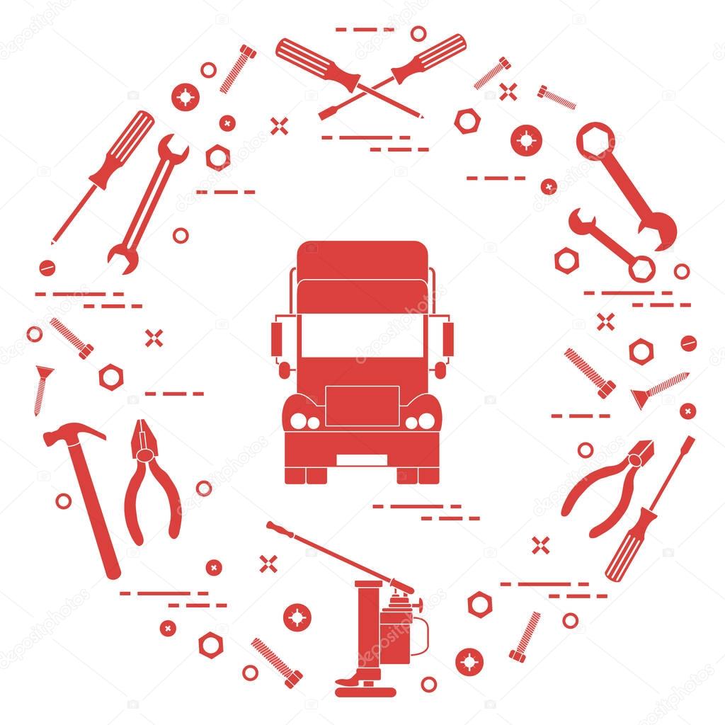 Repair cars: truck, wrenches, screws, key, pliers, jack, hammer,