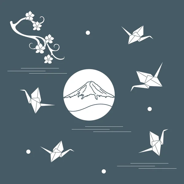 分支的樱花、 富士山、 折纸纸鹤. — 图库矢量图片