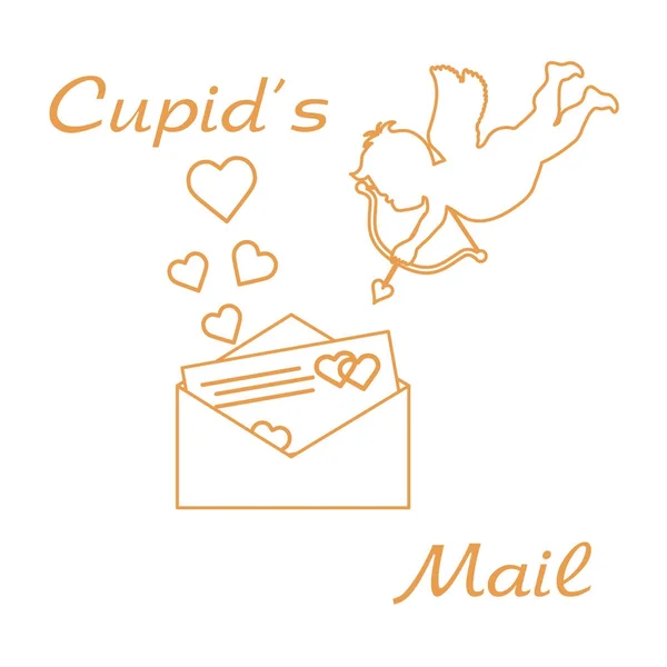 Cupid shoots a bow and envelope with Valentine card and hearts. — Stock Vector