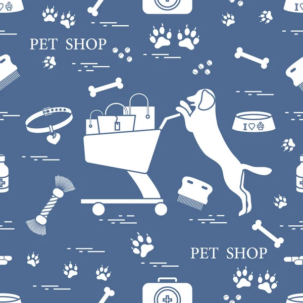 Patrón sin costura: perro, tazón, carrito de compras con bolsas de regalo, rastro — Vector de stock