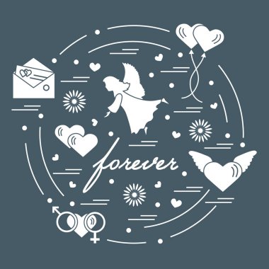 Sevimli vektör çizim farklı aşk sembolleri ile: Kalpler, ai