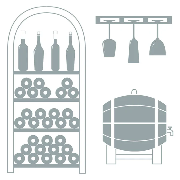 彩色酒架, 葡萄酒瓶, 葡萄酒 glas 的程式化图标 — 图库矢量图片