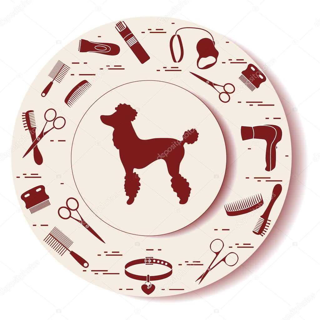Decorative plate with dog silhouette, combs, collar, leash, razo