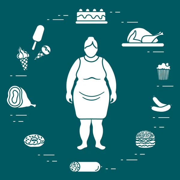 Fat woman with unhealthy lifestyle symbols around her. Harmful e — Stock Vector