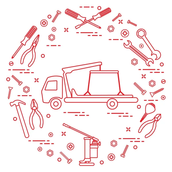 Επισκευή αυτοκινήτων: έλκει φορτηγό, κλειδιά, βίδες, κλειδί, πένσα, jack, ζαμπόν — Διανυσματικό Αρχείο