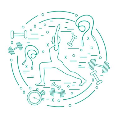 Kadın yoga poz ve farklı spor malzemeleri çizimi. 