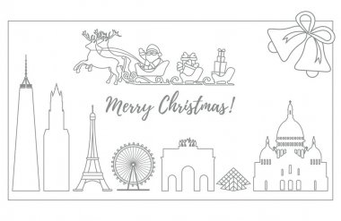 Noel Baba'ya binalar üzerinde uçan atlı kızak.