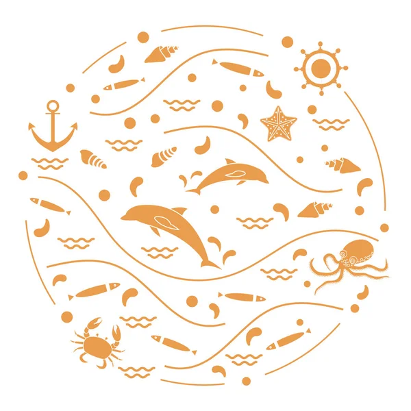 Lindo vector ilustración con delfines, pulpo, peces, ancla, h — Vector de stock