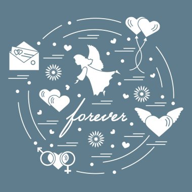 Sevimli vektör çizim farklı aşk sembolleri ile: Kalpler, ai