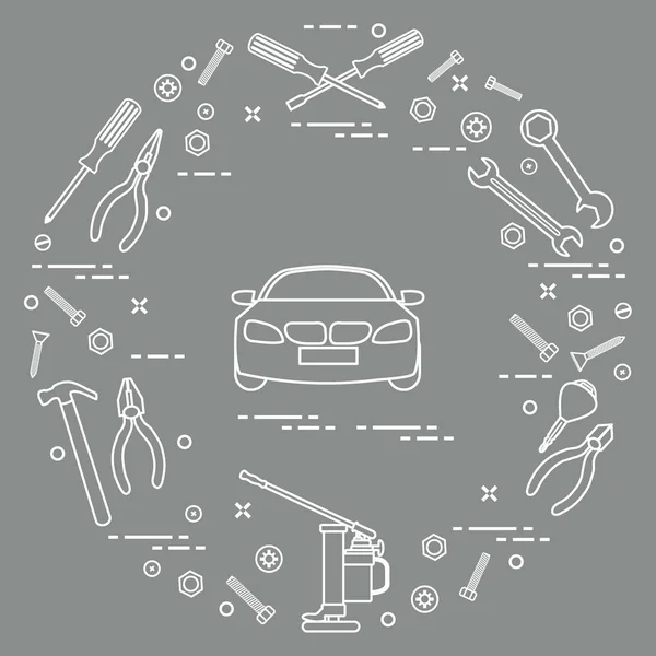 Reparaturautos: Automobil, Schraubenschlüssel, Schrauben, Schlüssel, Zange, Wagenheber — Stockvektor