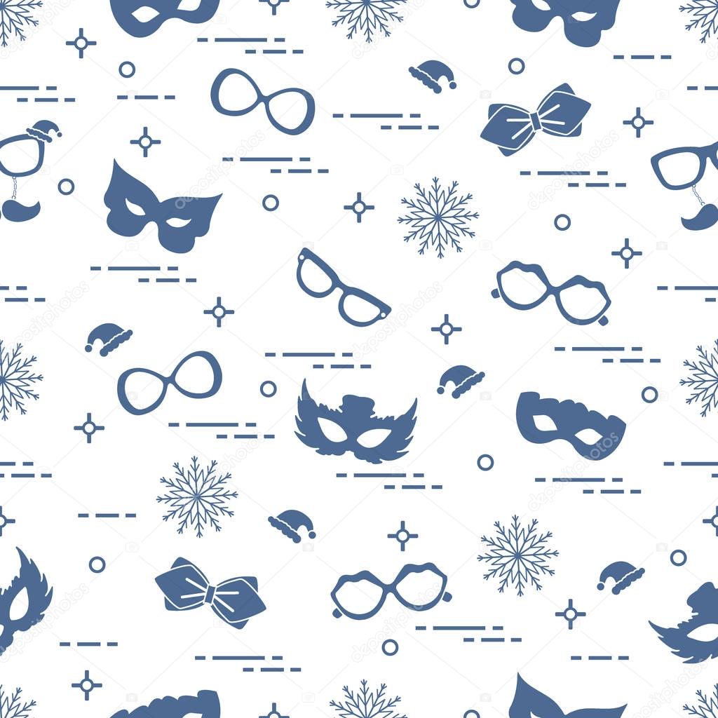 Seamless pattern of different carnival decorations: masks, chris