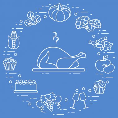 Mutlu Şükran günü çizgi film nesneler. Sonbahar sembolleri için yazdırma.