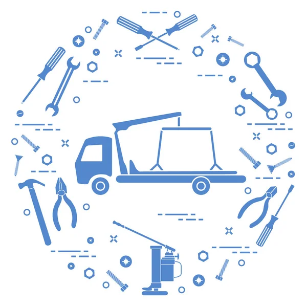 Tamir araçları: yedekte kamyon, İngiliz anahtarları, vida, anahtar, pense, jack, jambon — Stok Vektör