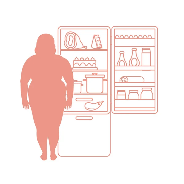 Tlustá žena stojí na lednici plné potravy. Škodlivých stravovacích Hermanová — Stockový vektor