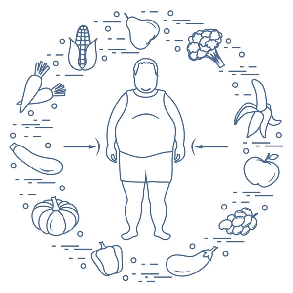 Hombre gordo con comida sana a su alrededor. Hábitos alimenticios saludables . — Vector de stock