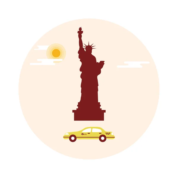 Estátua da Liberdade, sol, nuvens e táxi. Símbolos americanos . —  Vetores de Stock