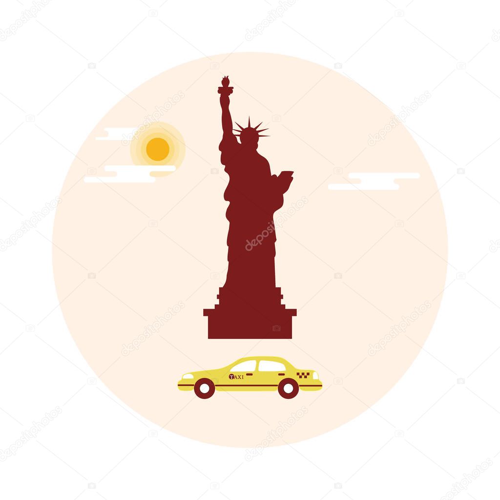 Statue of Liberty, sun, clouds and taxi. American symbols.