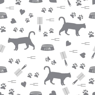 Güzel desen yürüyen kedi, izleri, kupa, kase silueti ve