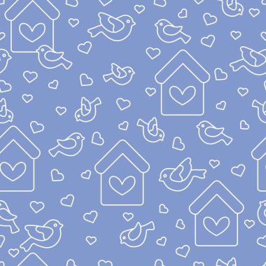 Kuşlar, kuş evleri ve kalpleri ile Seamless Modeli