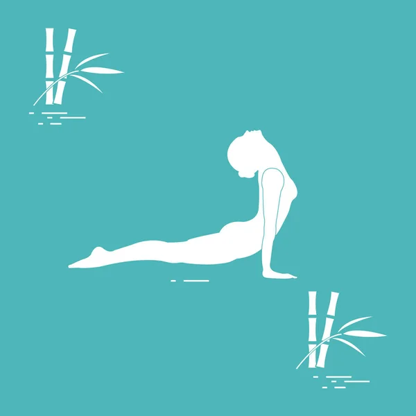 Silhouette di posa donna yoga e bambù. Rilassati e medita. Lui... — Vettoriale Stock