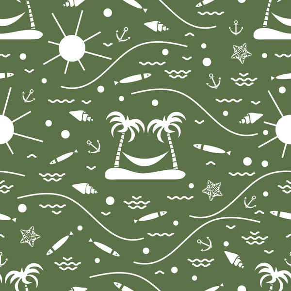 Roztomilý vzor bezešvé s rybami, ostrov s palmami a ha — Stockový vektor