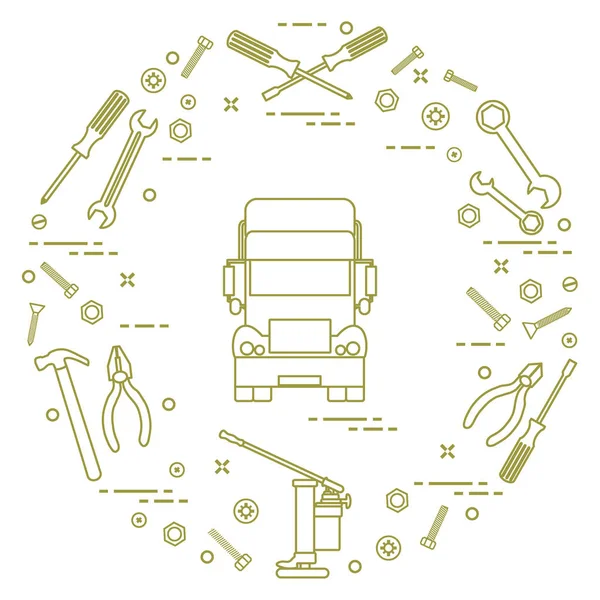 Reparaturautos: LKW, Schraubenschlüssel, Schrauben, Schlüssel, Zange, Wagenheber, Hammer, — Stockvektor