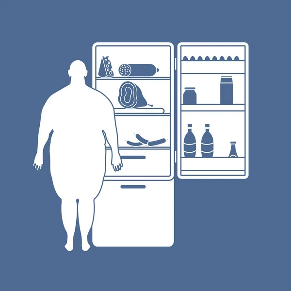 L'homme gras se tient au frigo plein de nourriture. Habitudes alimentaires néfastes — Image vectorielle