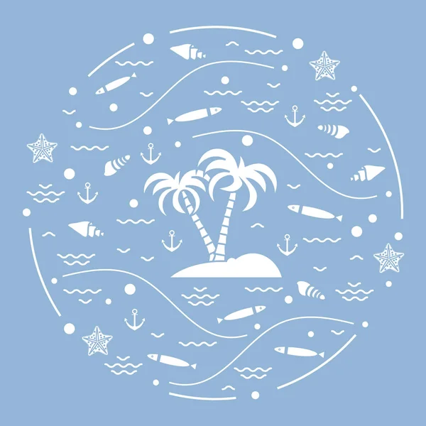 Ilustração vetorial bonito com peixes, ilha com palmeiras, anch —  Vetores de Stock