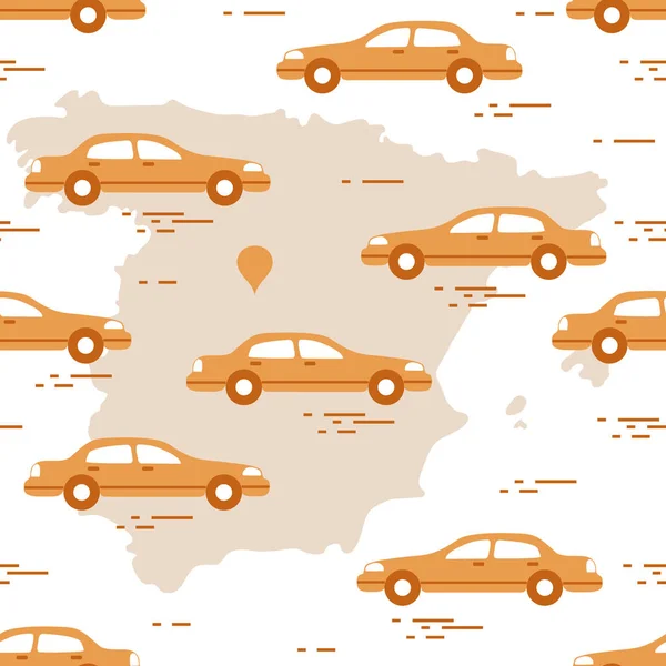 Padrão com carros e mapa de Espanha. Viagens e lazer . — Vetor de Stock