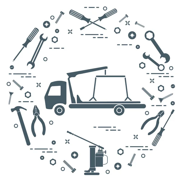 Repair cars: tow truck, wrenches, screws, key, pliers, jack, ham — Stock Vector