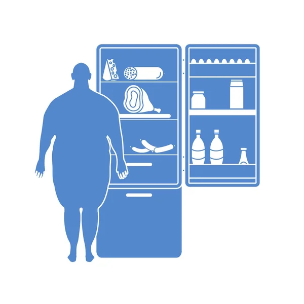 El gordo está en el refrigerador lleno de comida. Hábitos alimenticios nocivos — Vector de stock