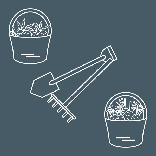 Иллюстрация урожая: лопата, грабли и два ведра моркови — стоковый вектор