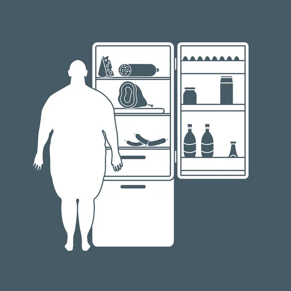 O gordo está no frigorífico cheio de comida. Hábitos alimentares nocivos —  Vetores de Stock