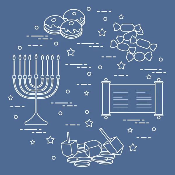 Jewish holiday Hanukkah: dreidel, sivivon, menorah, coins, donut