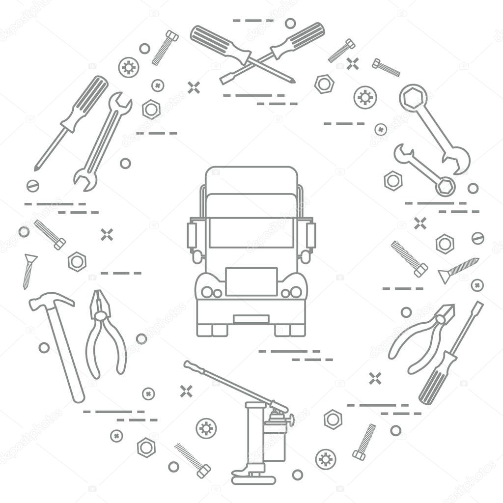 Repair cars: truck, wrenches, screws, key, pliers, jack, hammer,