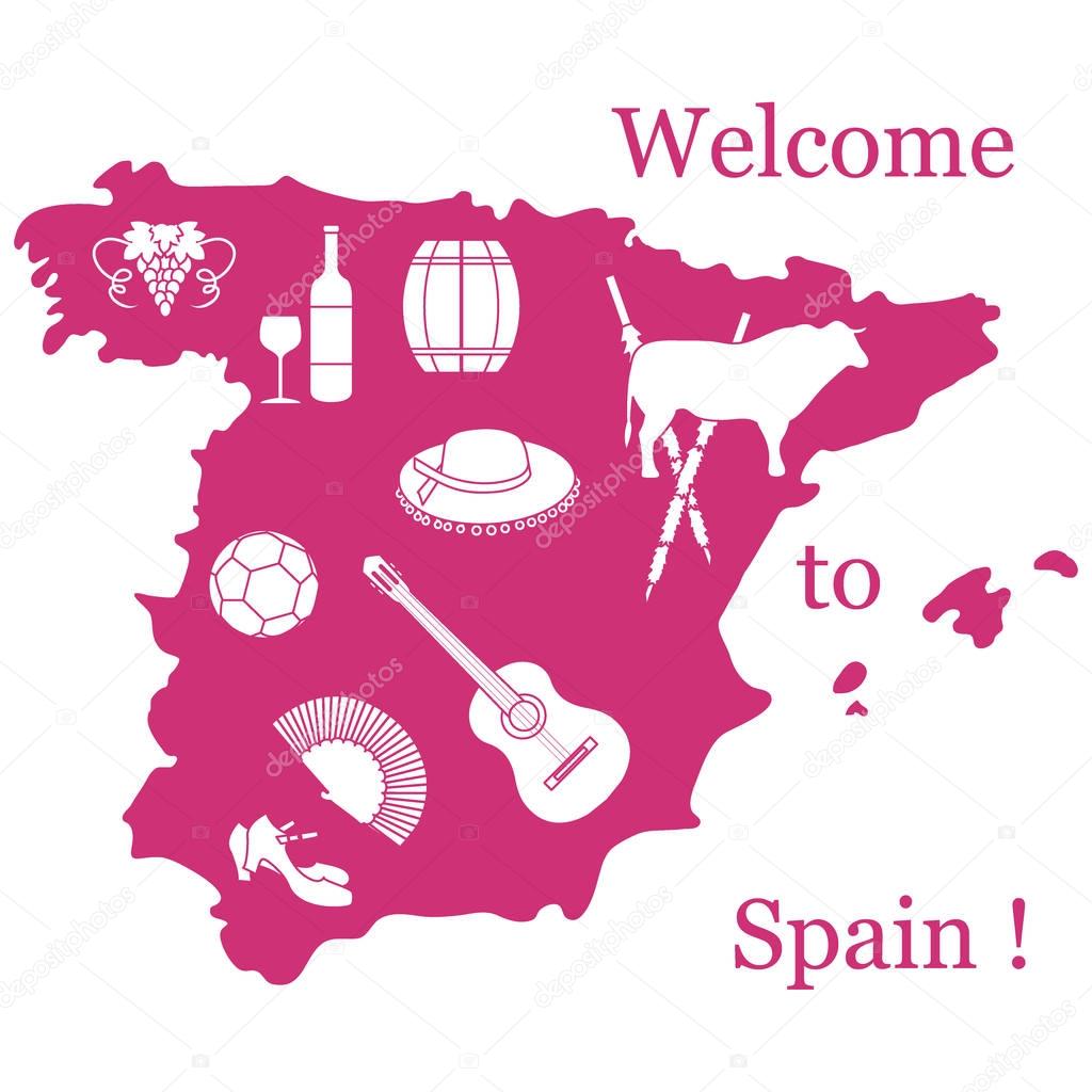 Vector illustration with various symbols of Spain. Travel and le