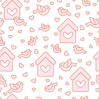 Kuşlar, kuş evleri ve kalpleri ile Seamless Modeli