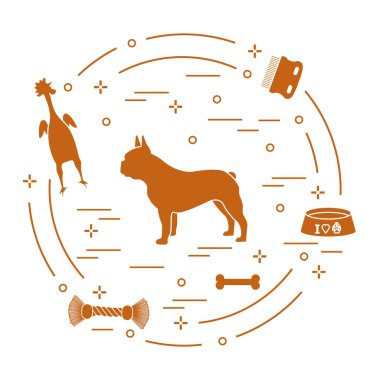 Fransız buldozer, kase, kemik, fırça, tarak, oyuncaklar silüeti.