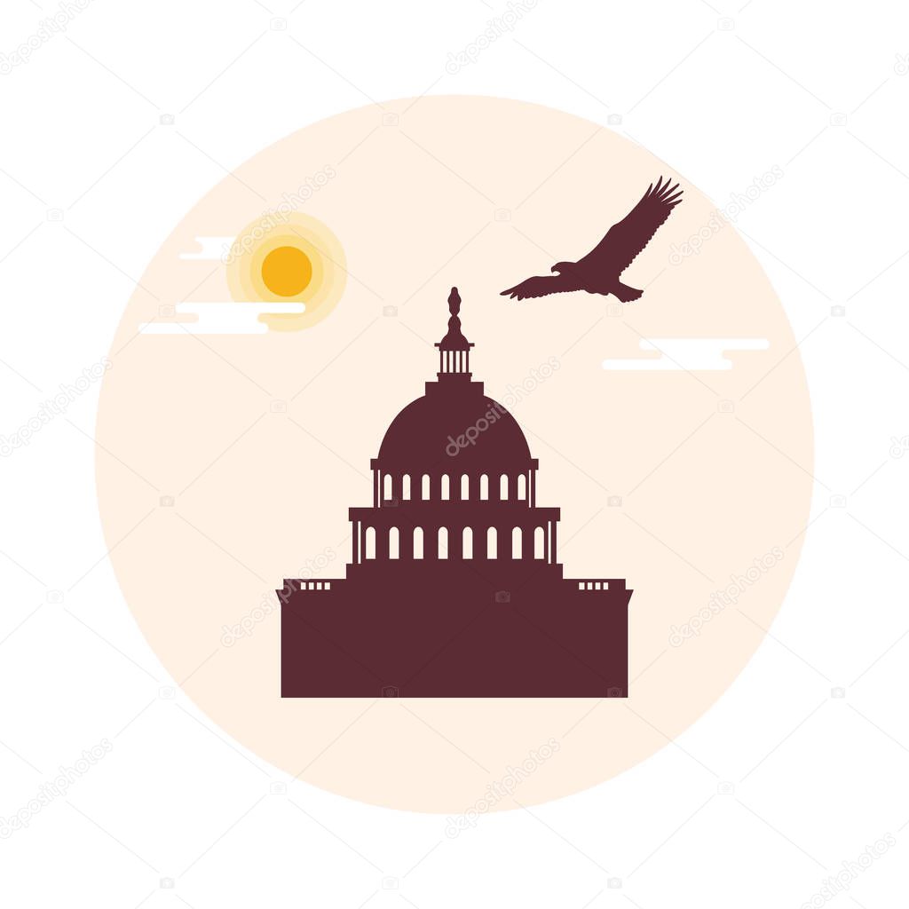 The Capitol building of the U.S. Congress, sun, clouds and soari