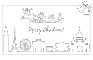 Noel Baba'ya binalar üzerinde uçan atlı kızak.