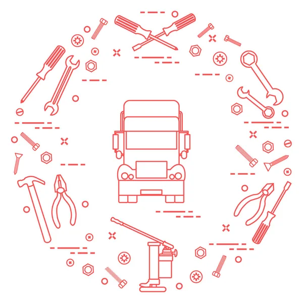 Repair cars: truck, wrenches, screws, key, pliers, jack, hammer, — Stock Vector