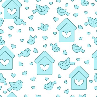 Kuşlar, kuş evleri ve kalpleri ile Seamless Modeli