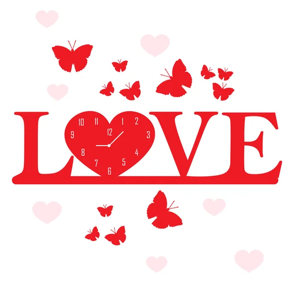 Reloj romántico, mariposas y corazones San Valentín — Archivo Imágenes Vectoriales