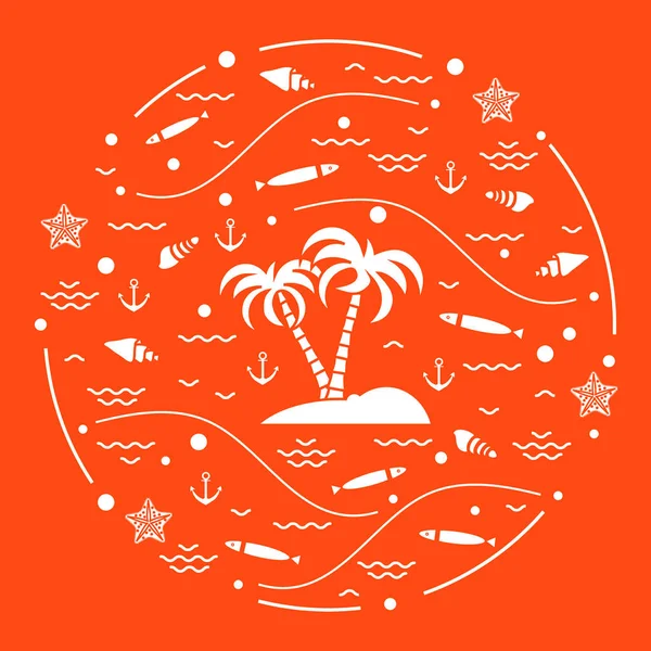 Söt vektorillustration med fisk, ön med palmer, anch — Stock vektor