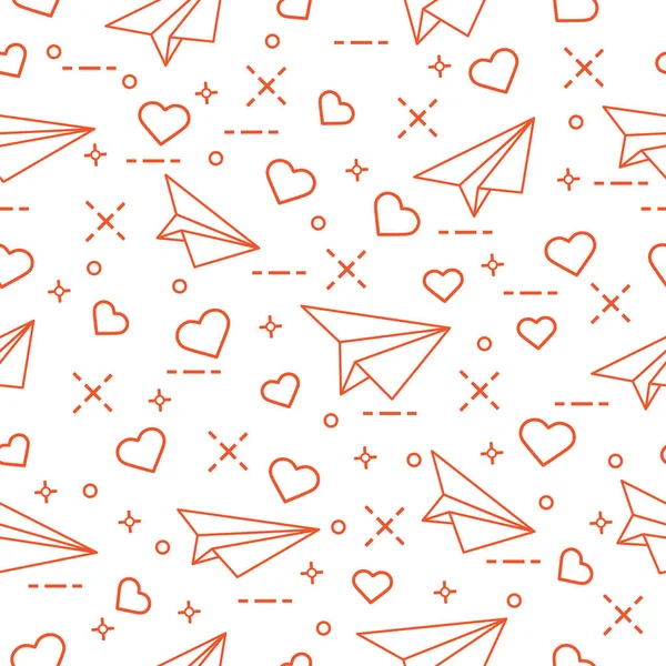 Naadloze patroon met papieren vliegtuigje en harten. — Stockvector